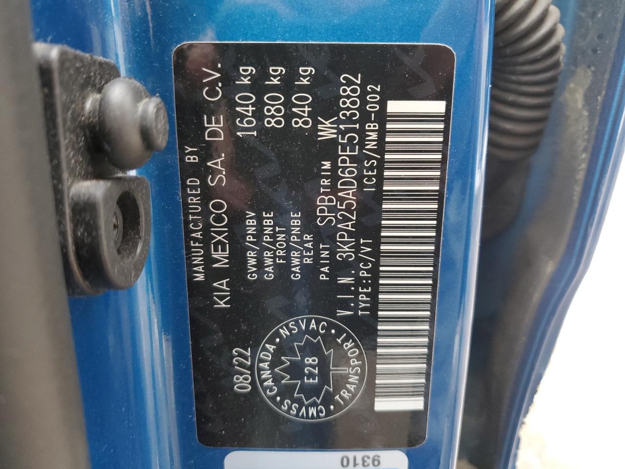 2023 KIA RIO S VIN:3KPA25AD6PE513882