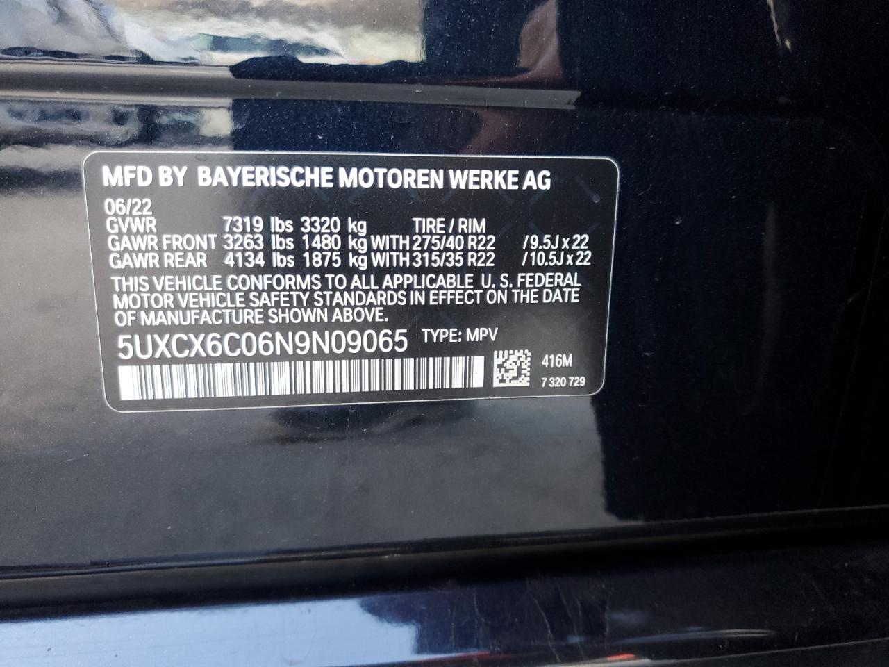 2022 BMW X7 M50I VIN:5UXCX6C06N9N09065