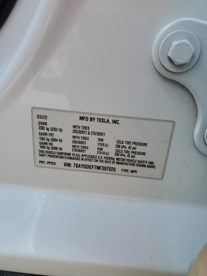 2022 TESLA MODEL Y VIN:7SAYGDEF7NF397026