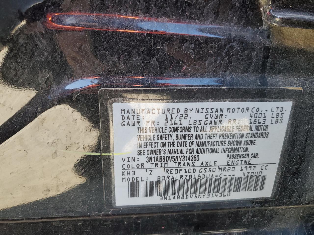 2022 NISSAN SENTRA SR VIN:3N1AB8DV5NY314360