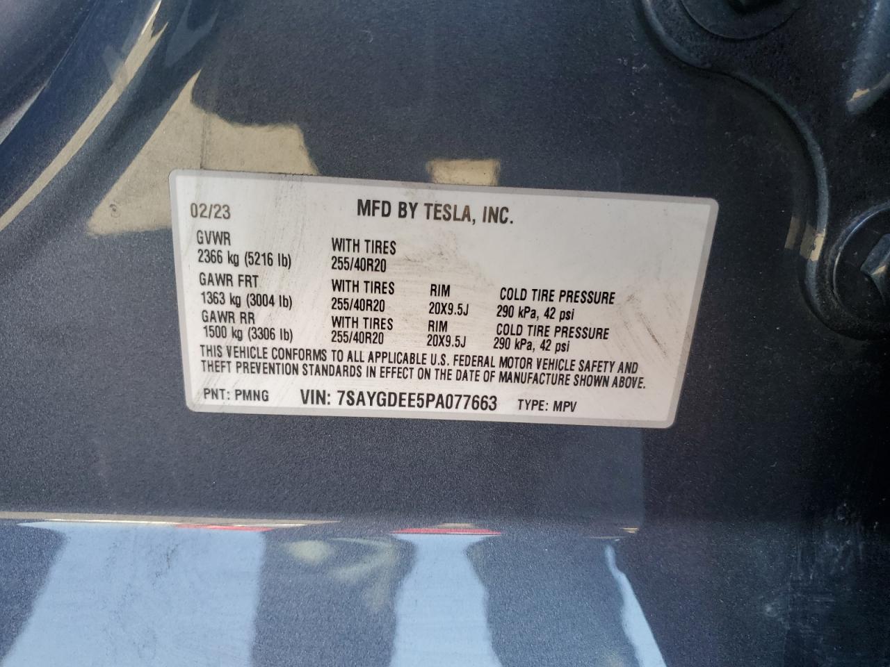 2023 TESLA MODEL Y VIN:7SAYGDEE5PA077663