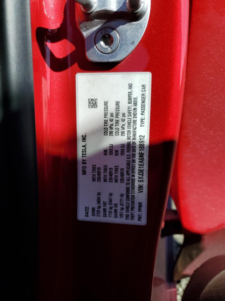 2022 TESLA MODEL 3 VIN:5YJ3E1EA6NF188912