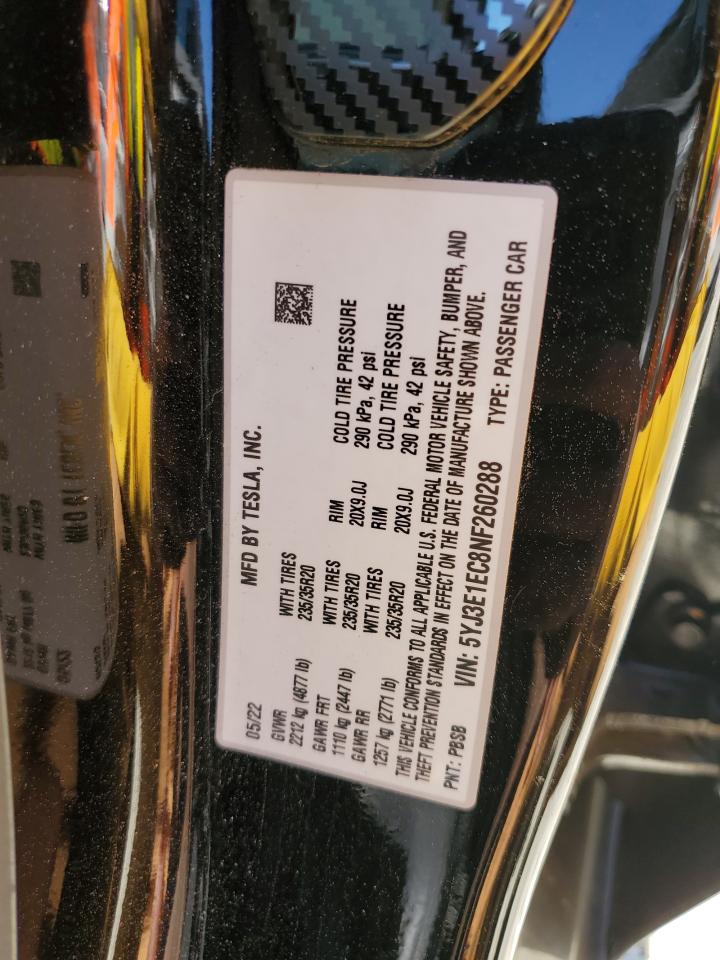2022 TESLA MODEL 3 VIN:5YJ3E1EC8NF260288
