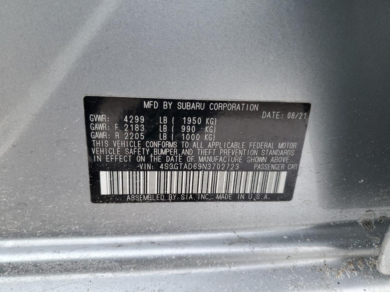 2022 SUBARU IMPREZA PREMIUM VIN:4S3GTAD69N3702723