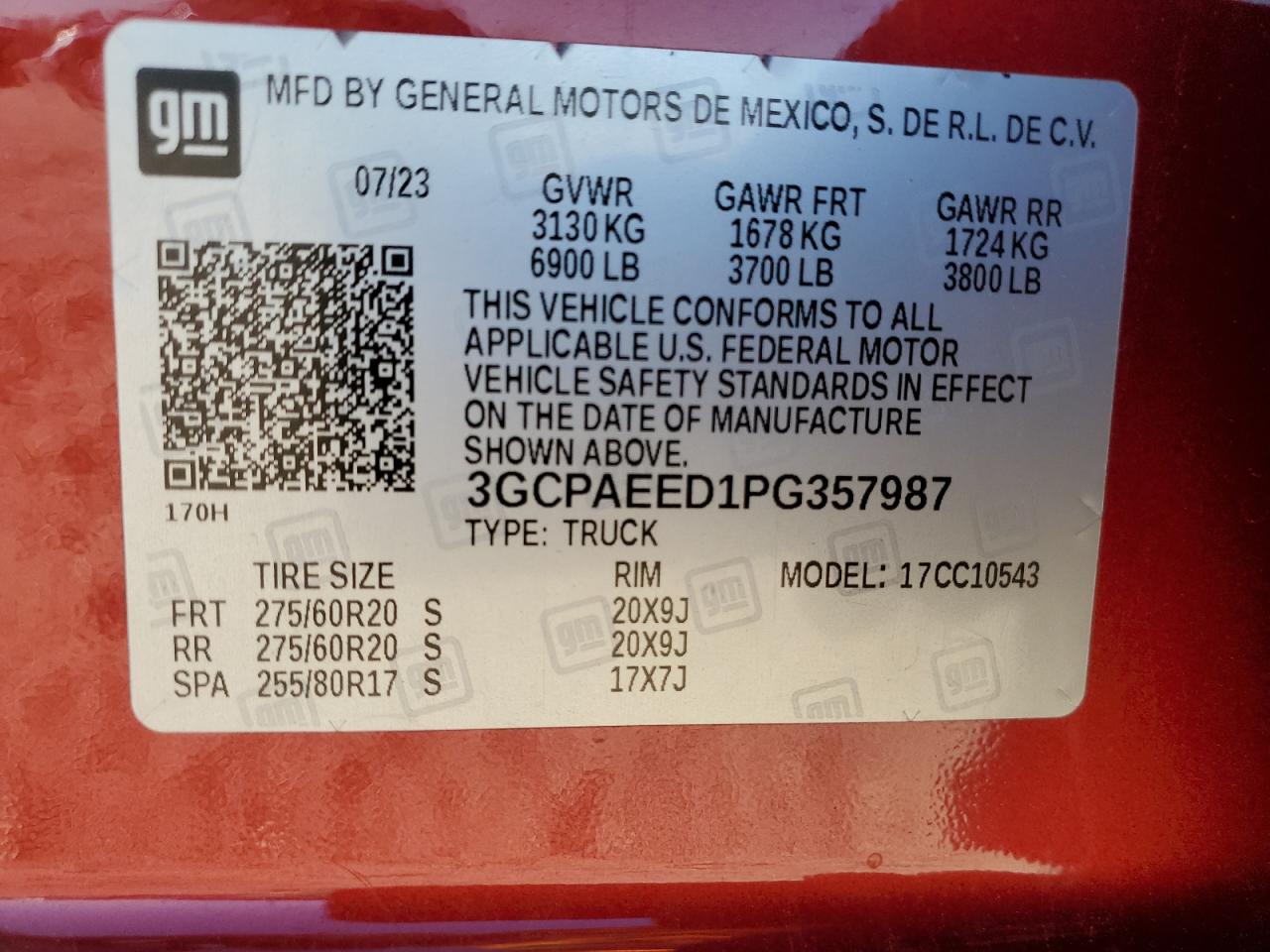 2023 CHEVROLET SILVERADO C1500 LTZ VIN:3GCPAEED1PG357987