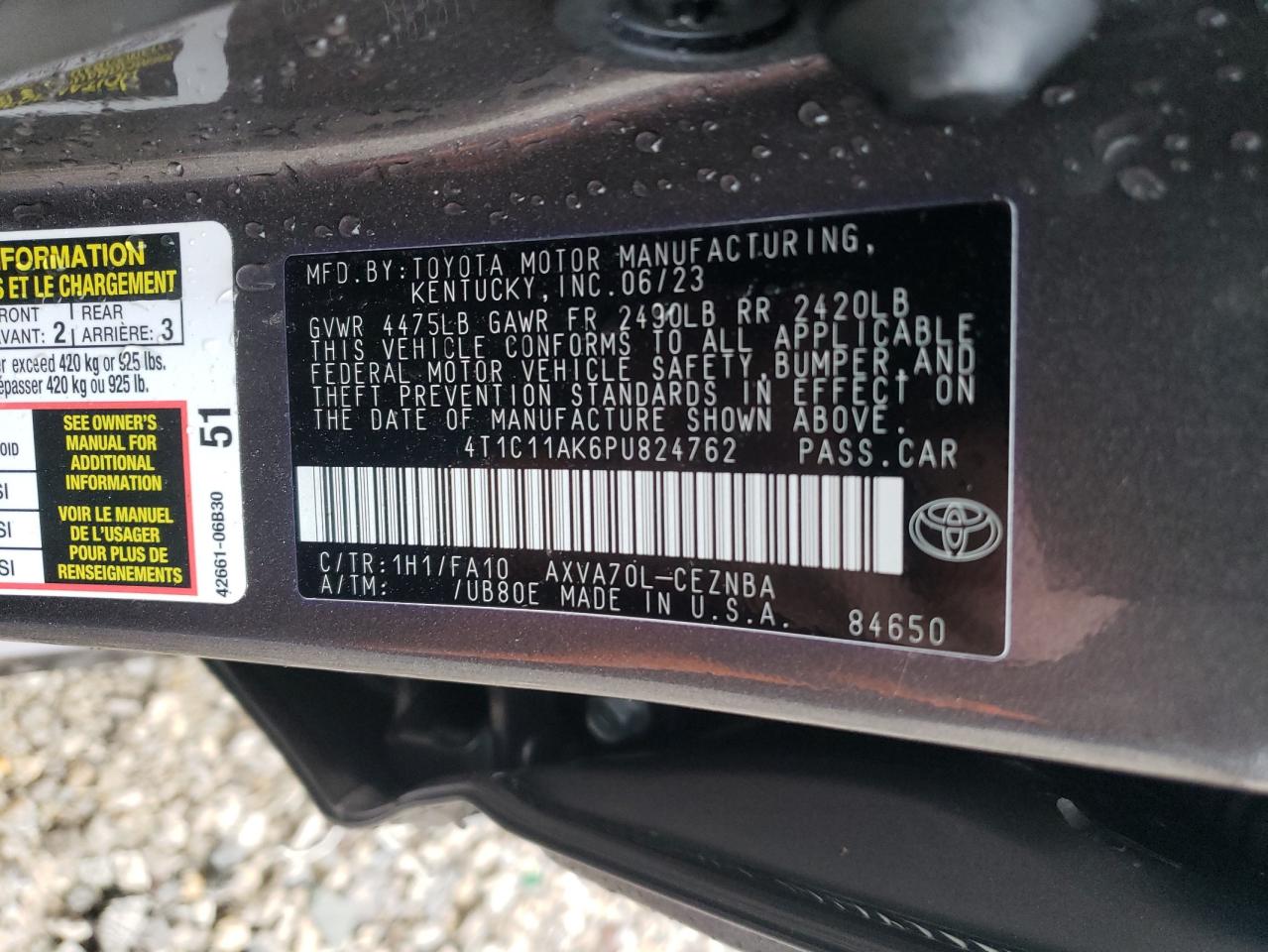 2023 TOYOTA CAMRY LE VIN:4T1C11AK6PU824762