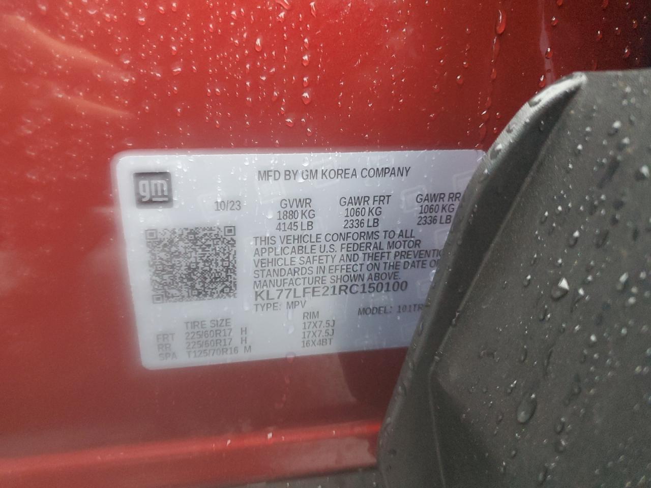 2024 CHEVROLET TRAX LS VIN:KL77LFE21RC150100