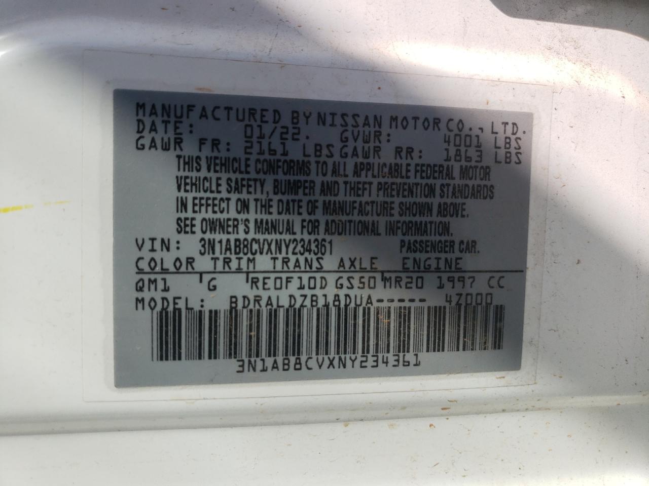 2022 NISSAN SENTRA SV VIN:3N1AB8CVXNY234361
