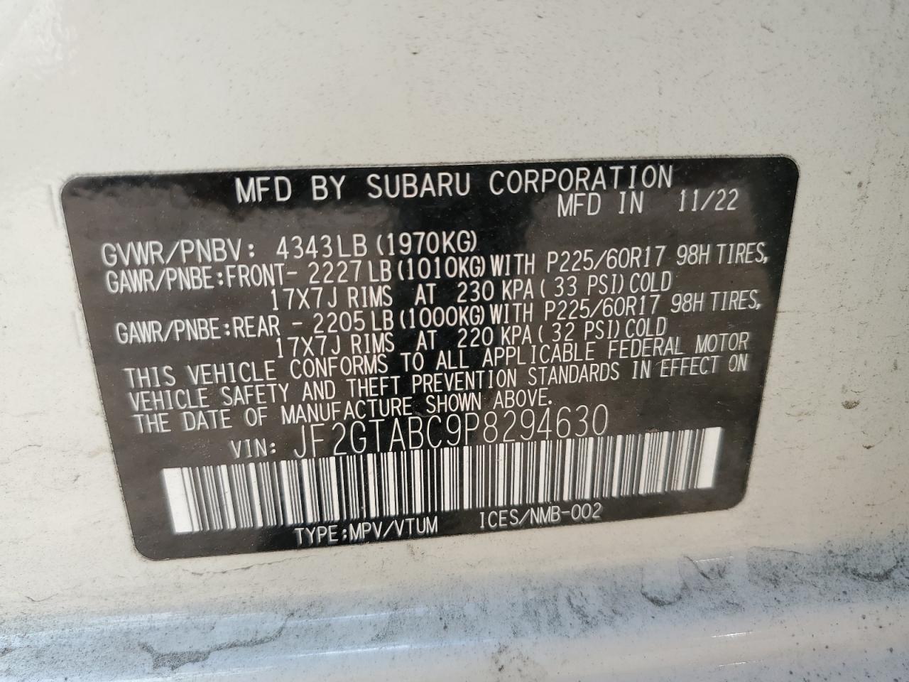 2023 SUBARU CROSSTREK VIN:WP0AA2A8XNS255297