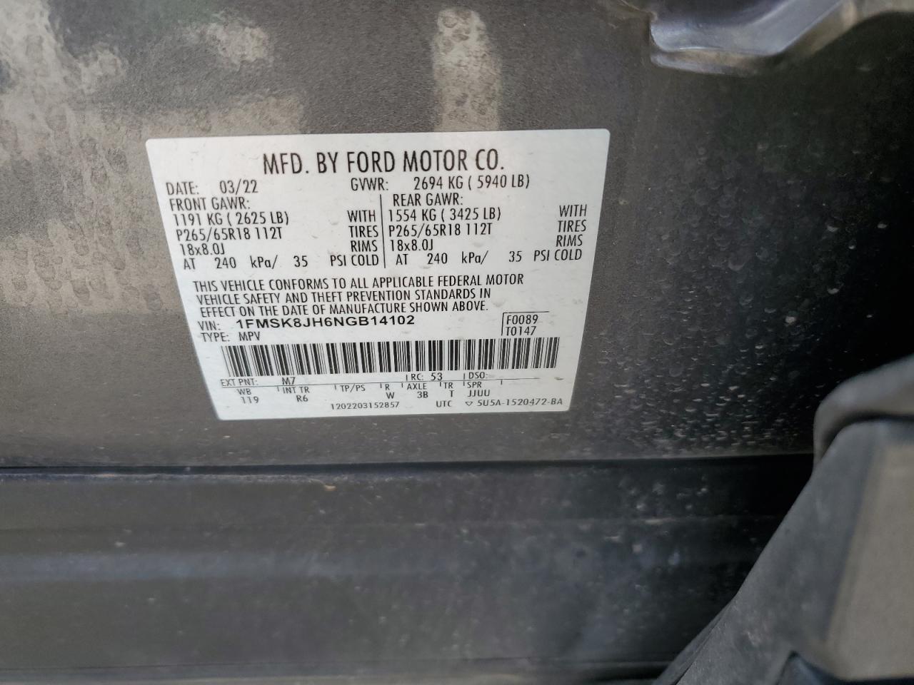 2022 FORD EXPLORER TIMBERLINE VIN:1FMSK8JH6NGB14102