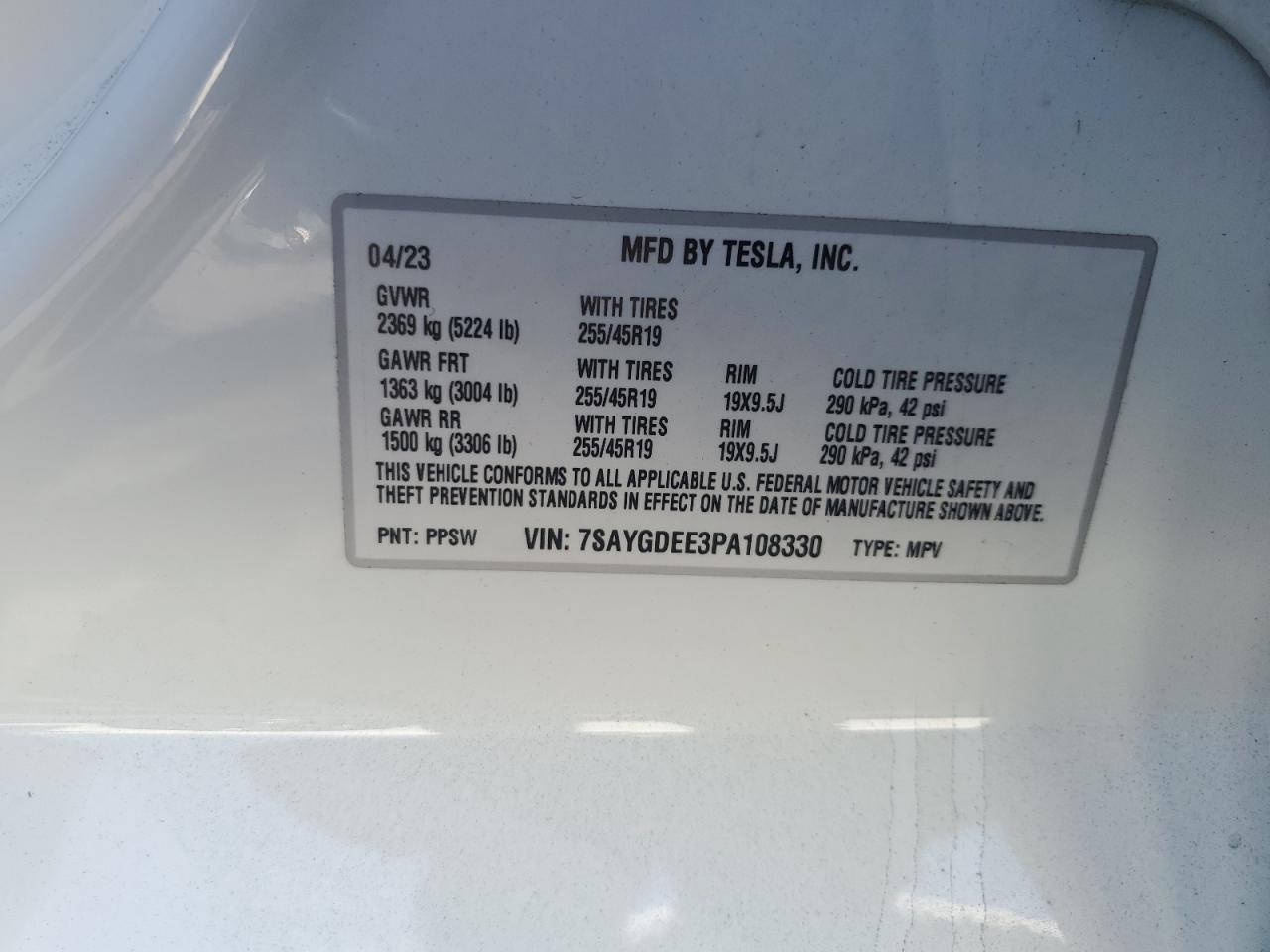 2023 TESLA MODEL Y VIN:7SAYGDEE3PA108330