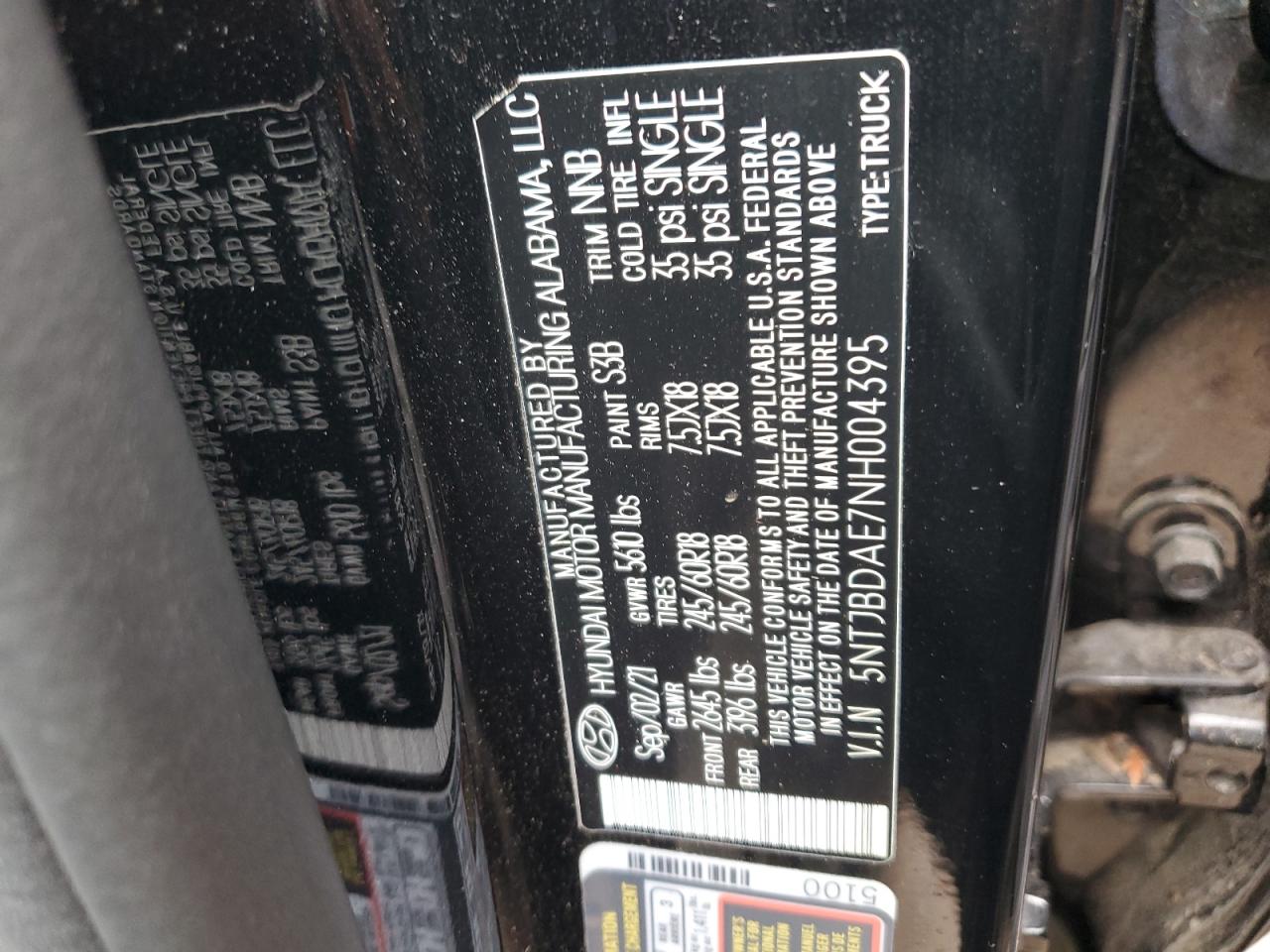 2022 HYUNDAI SANTA CRUZ SEL VIN:5NTJBDAE7NH004395