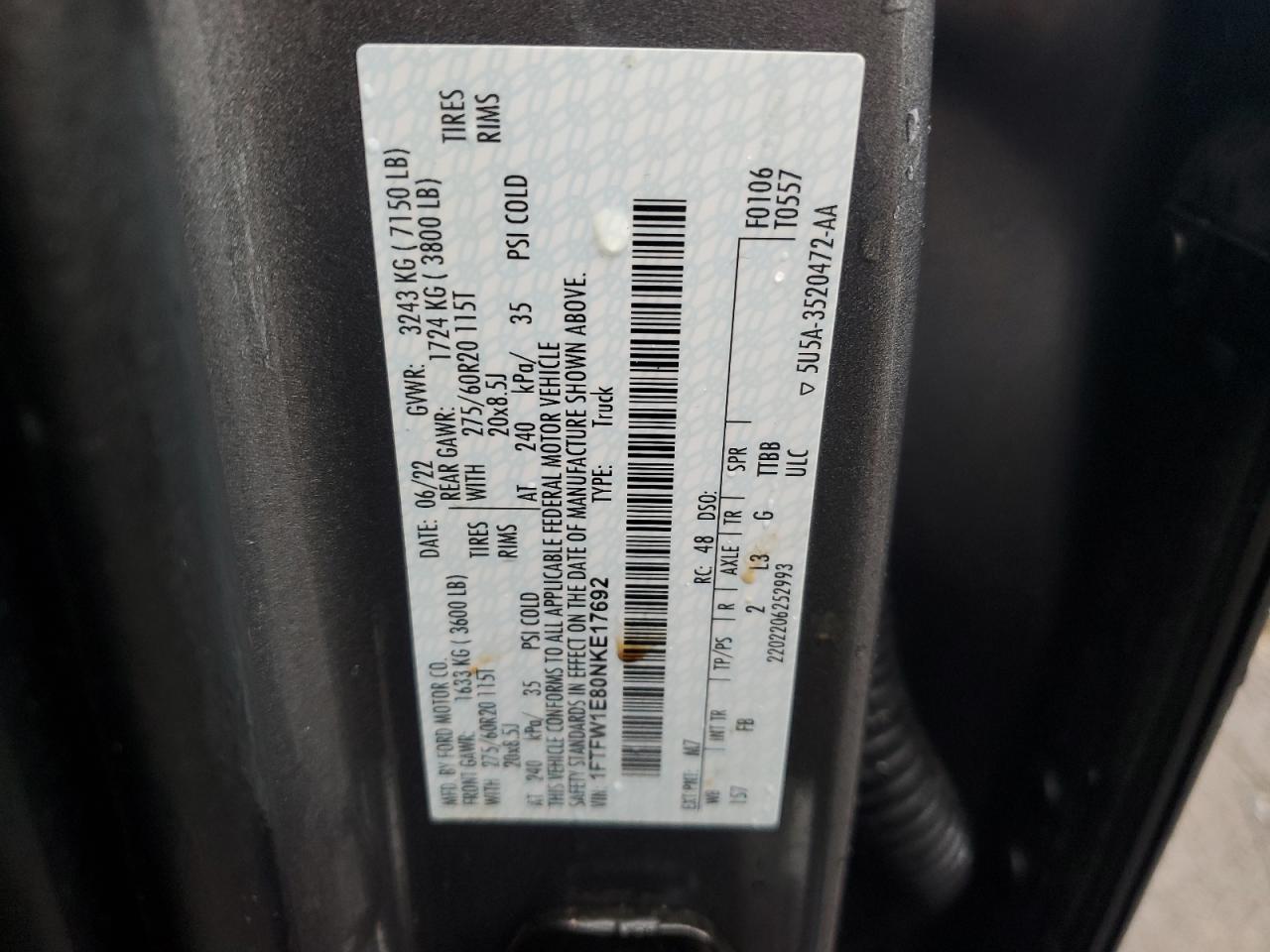 2022 FORD F150 SUPERCREW VIN:1FTFW1E80NKE17692