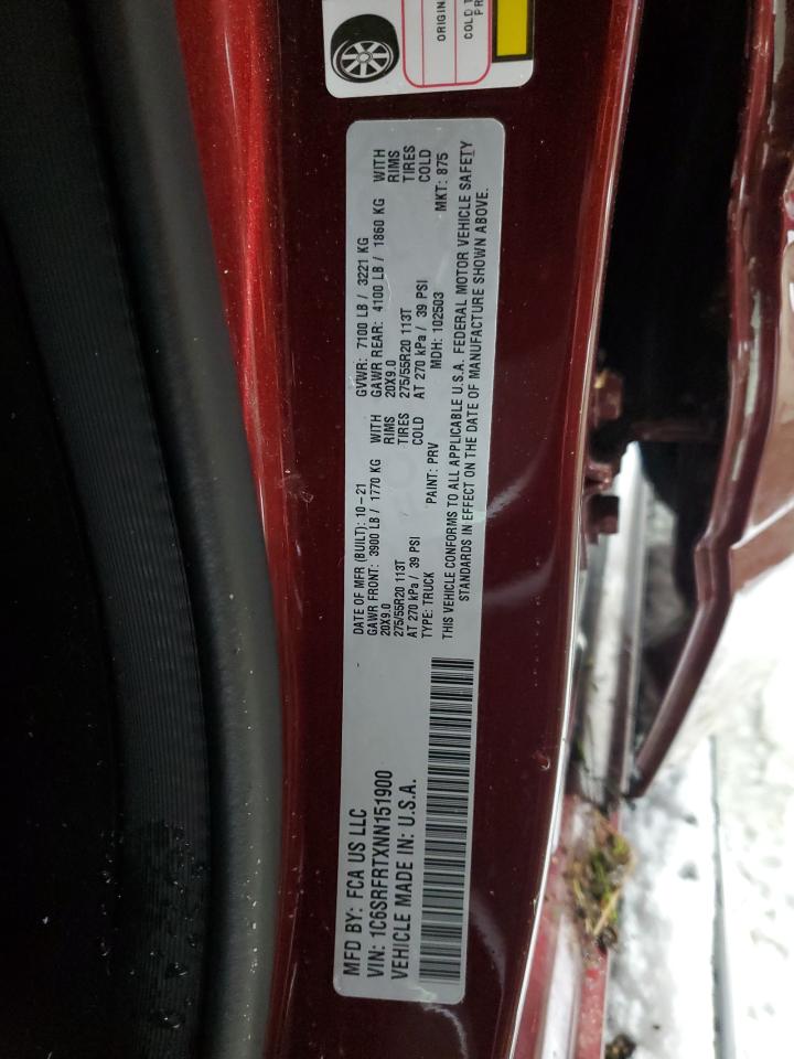 2022 RAM 1500 LARAMIE VIN:1C6SRFRTXNN151900