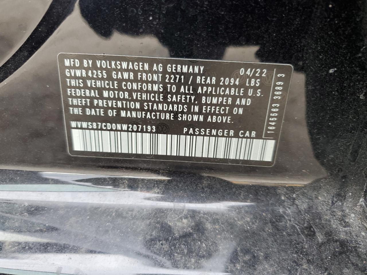 2022 VOLKSWAGEN GTI SE VIN:WVWS87CD0NW207193