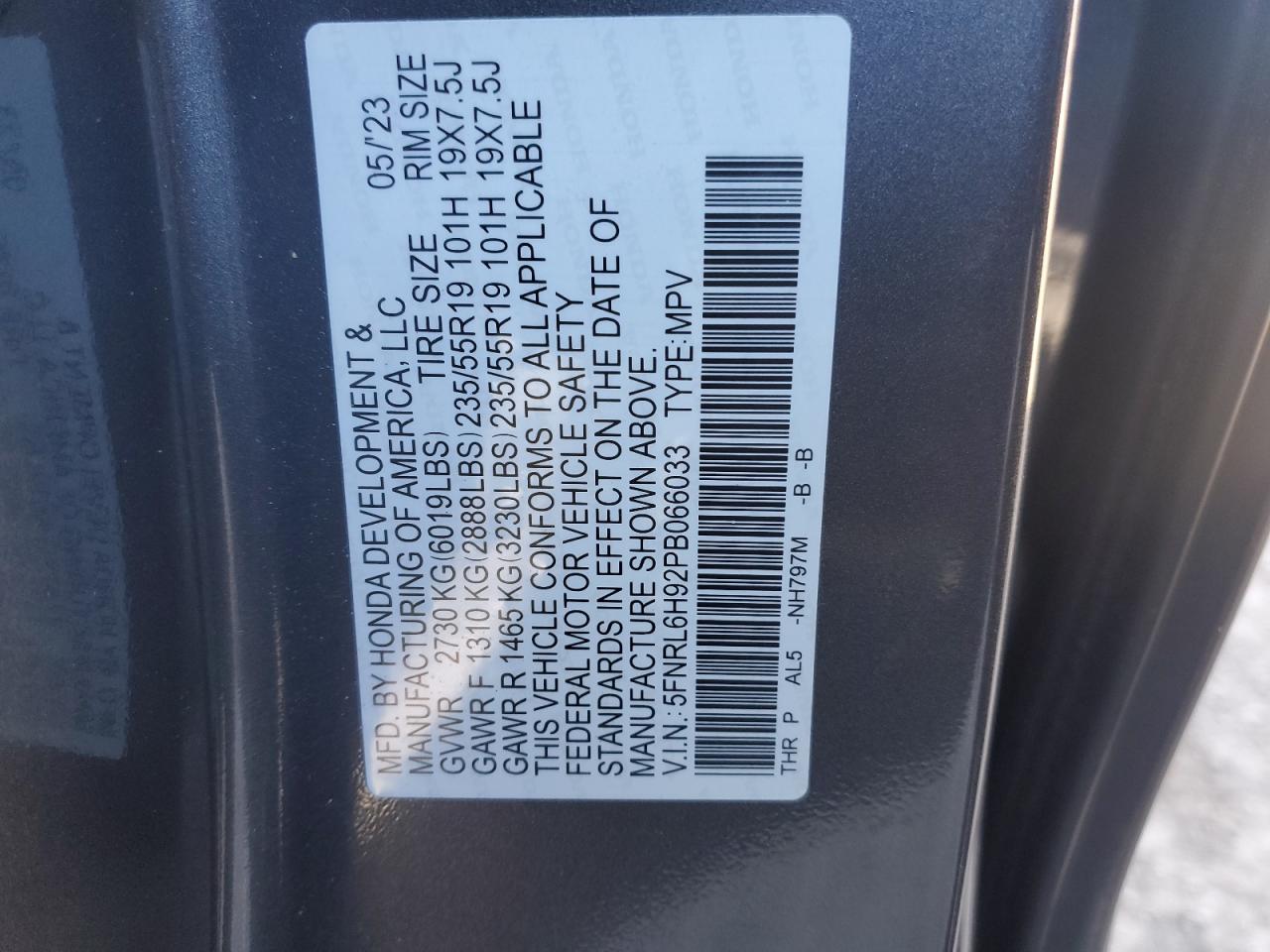 2023 HONDA ODYSSEY ELITE VIN:5FNRL6H92PB066033