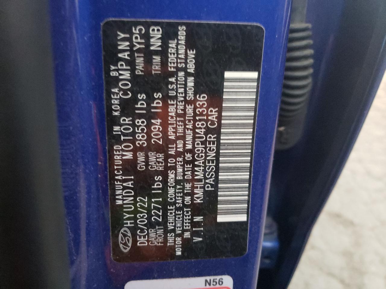 2023 HYUNDAI ELANTRA SEL VIN:KMHLM4AG9PU481336