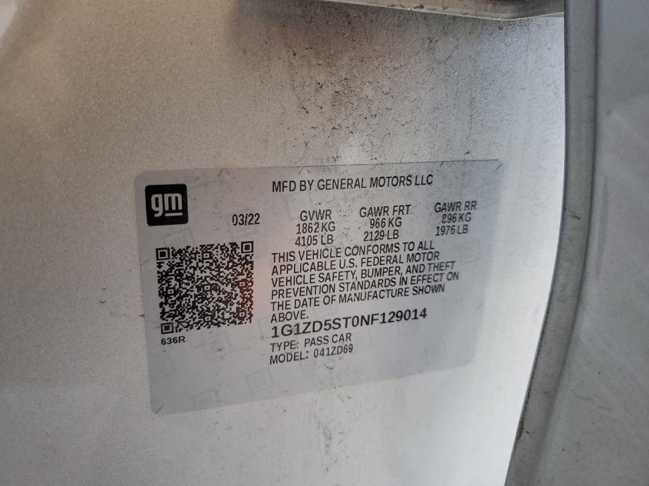 2022 CHEVROLET MALIBU LT VIN:1G1ZD5ST0NF129014