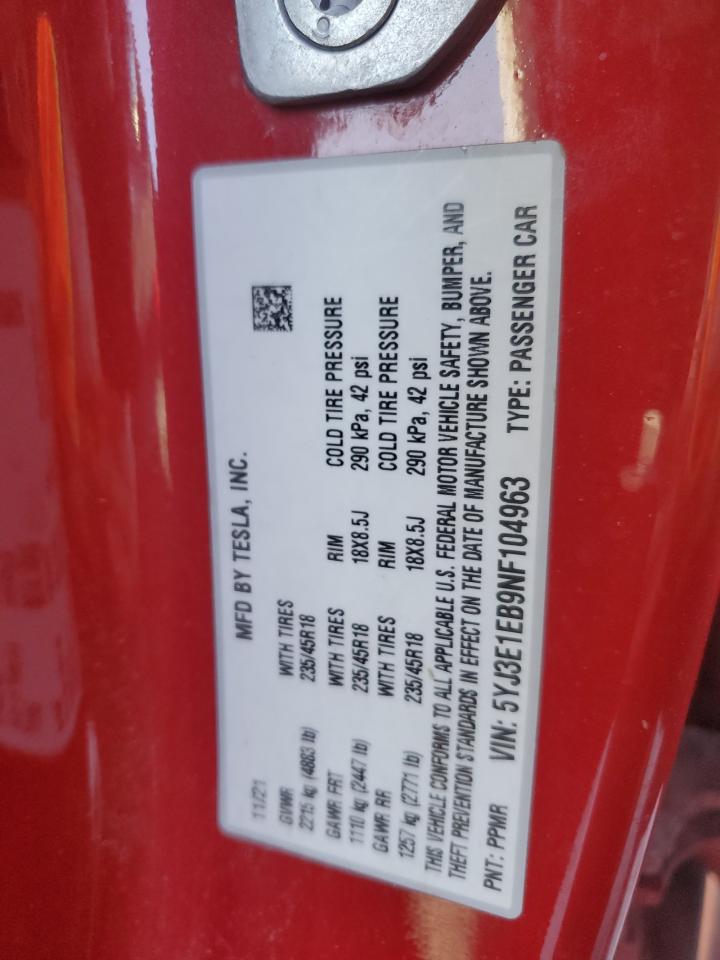 2022 TESLA MODEL 3 VIN:5YJ3E1EB9NF104963
