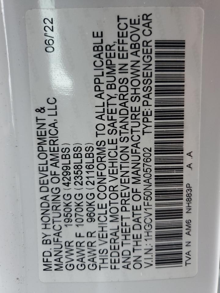 2022 HONDA ACCORD EXL VIN:1HGCV1F50NA057602