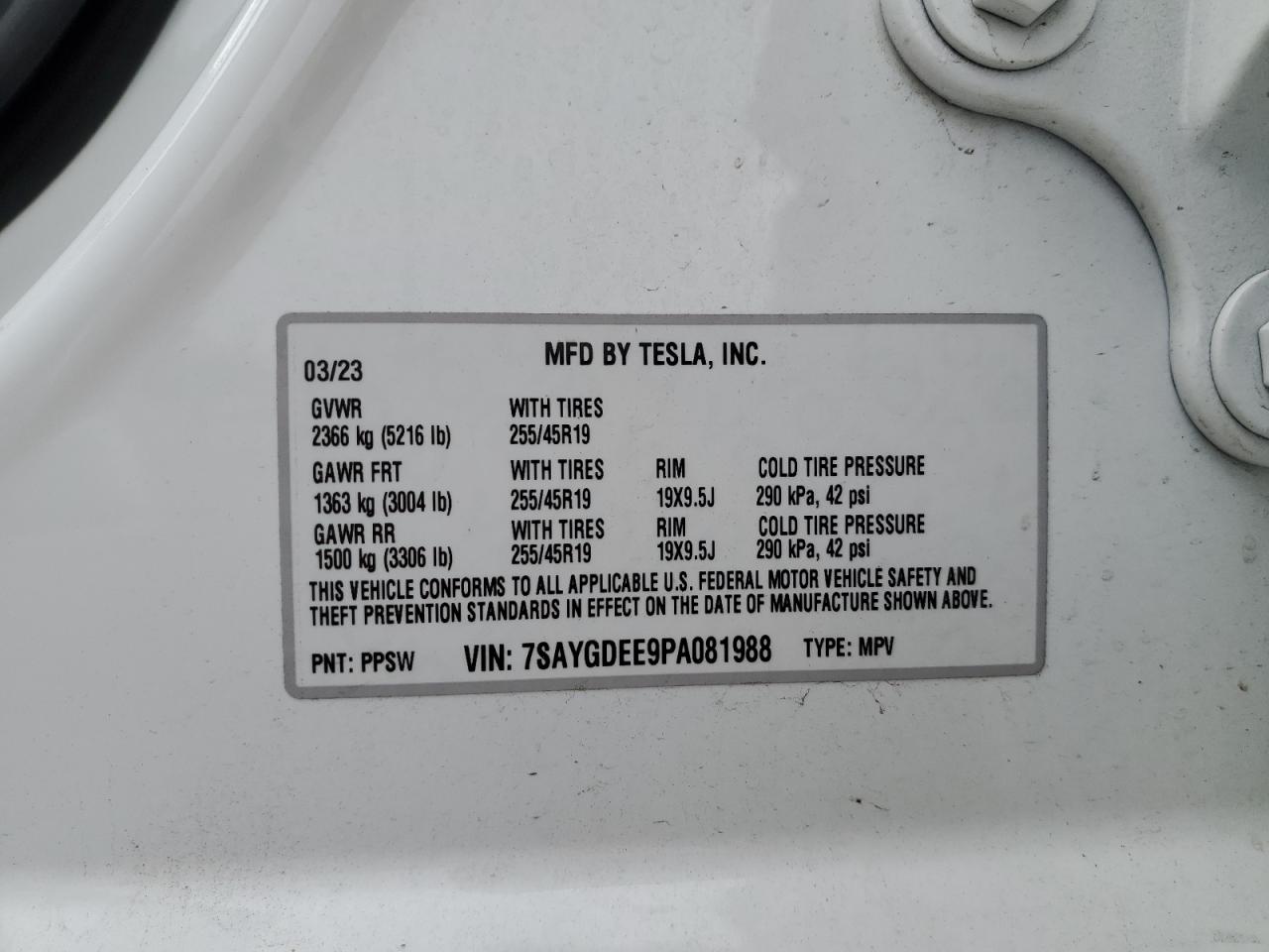 2023 TESLA MODEL Y VIN:7SAYGDEE9PA081988