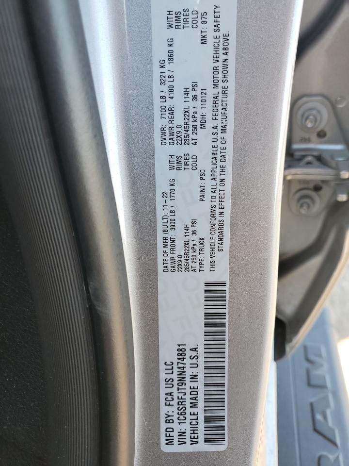 2022 RAM 1500 LARAMIE VIN:1C6SRFJT9NN474881
