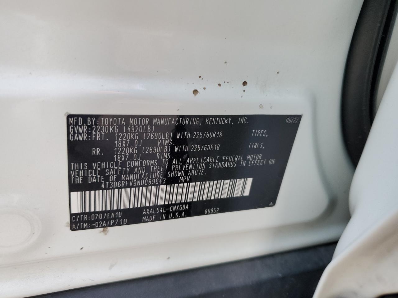 2022 TOYOTA RAV4 LIMITED VIN:4T3D6RFV9NU089643