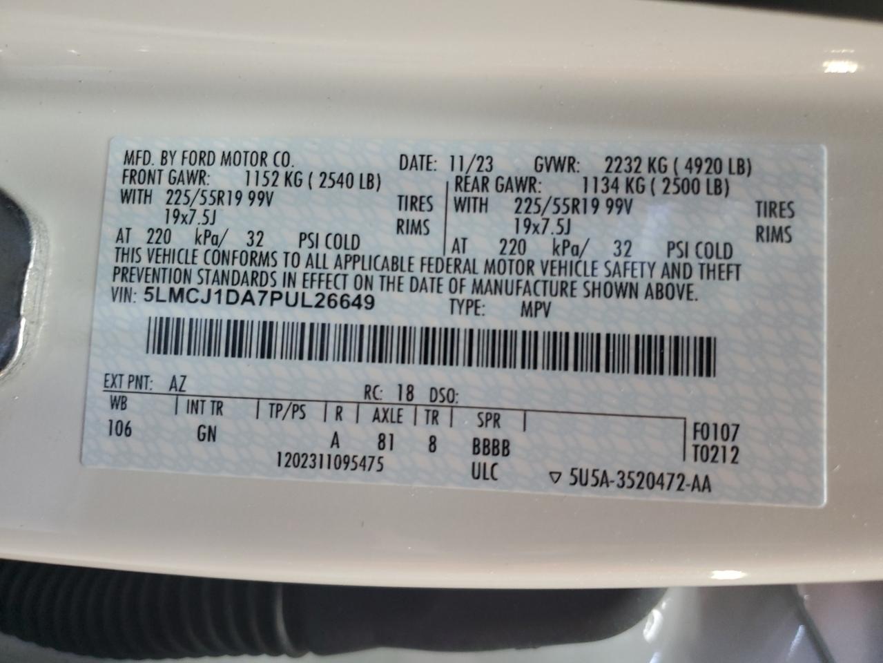 2023 LINCOLN CORSAIR VIN:5LMCJ1DA7PUL26649