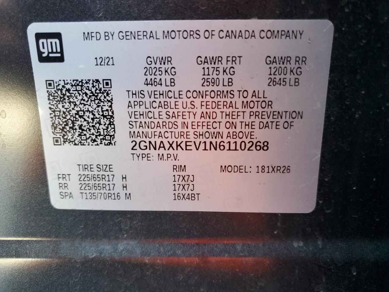 2022 CHEVROLET EQUINOX LT VIN:2GNAXKEV1N6110268
