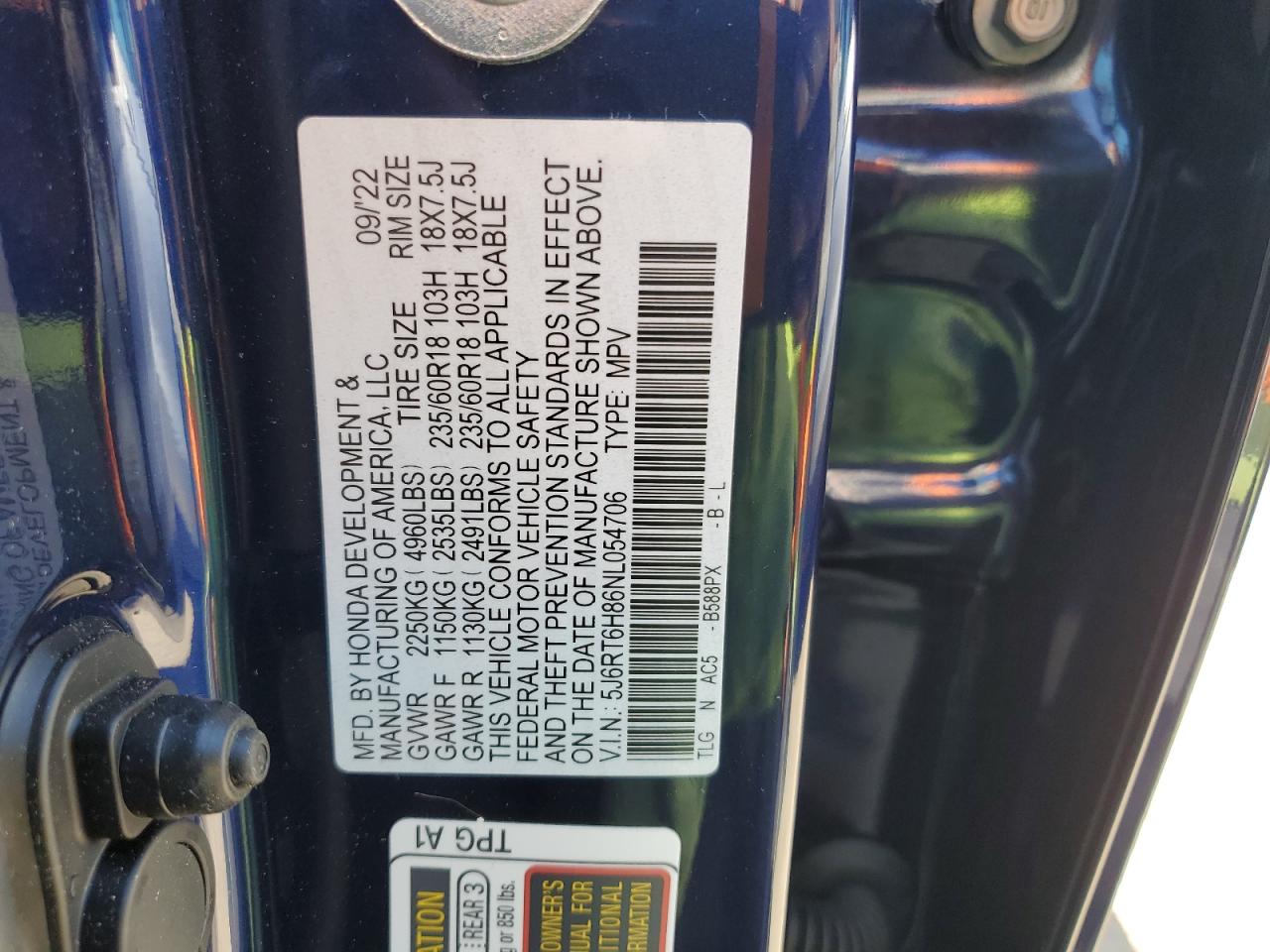 2022 HONDA CR-V EXL VIN:5J6RT6H86NL054706