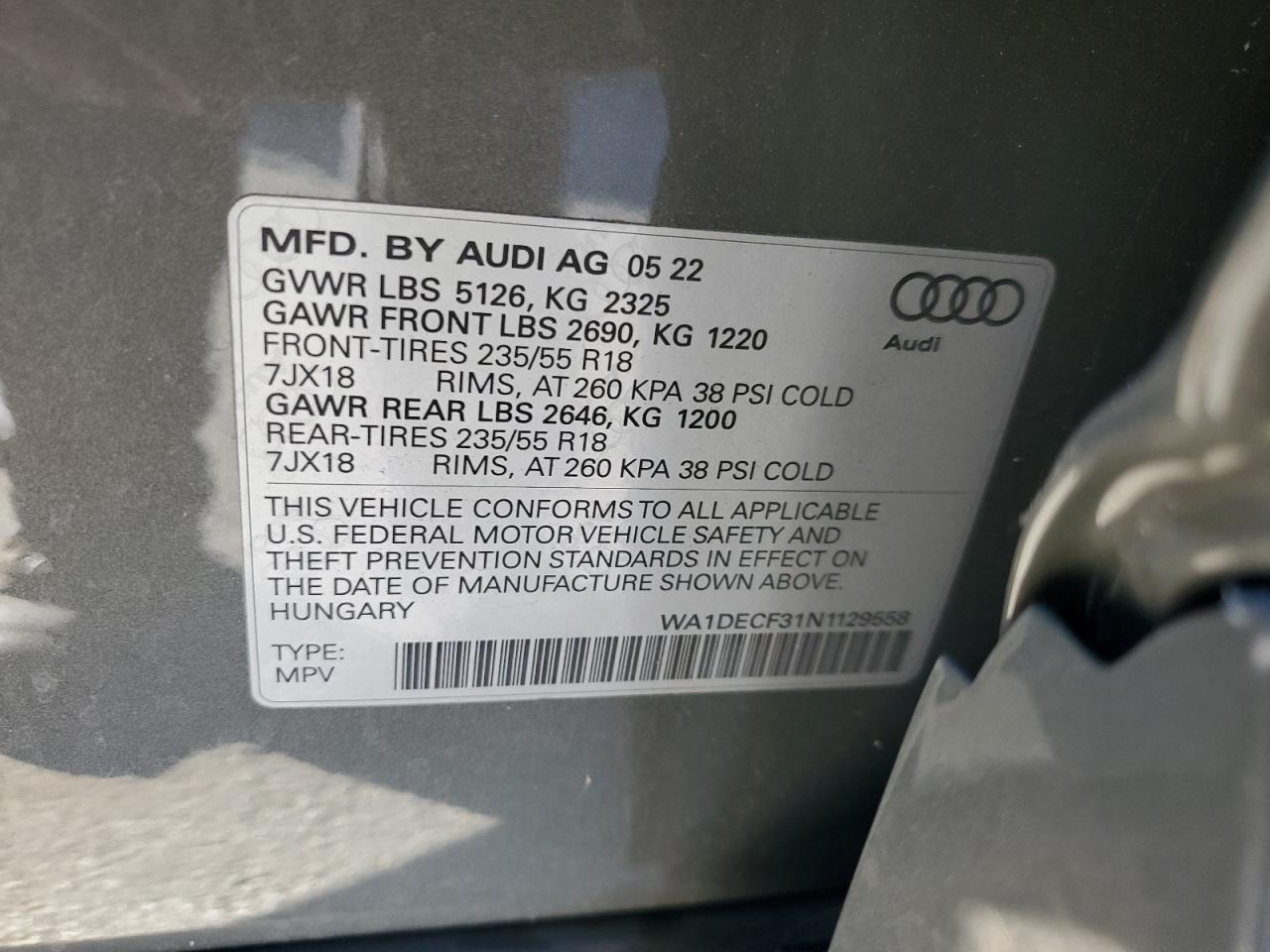 2022 AUDI Q3 PREMIUM S LINE 45 VIN:WA1DECF31N1129558