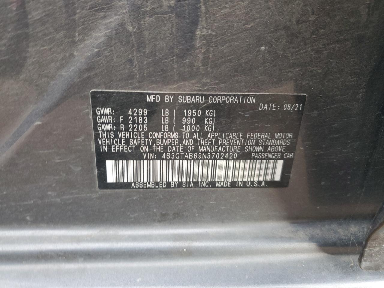 2022 SUBARU IMPREZA VIN:4S3GTAB69N3702420