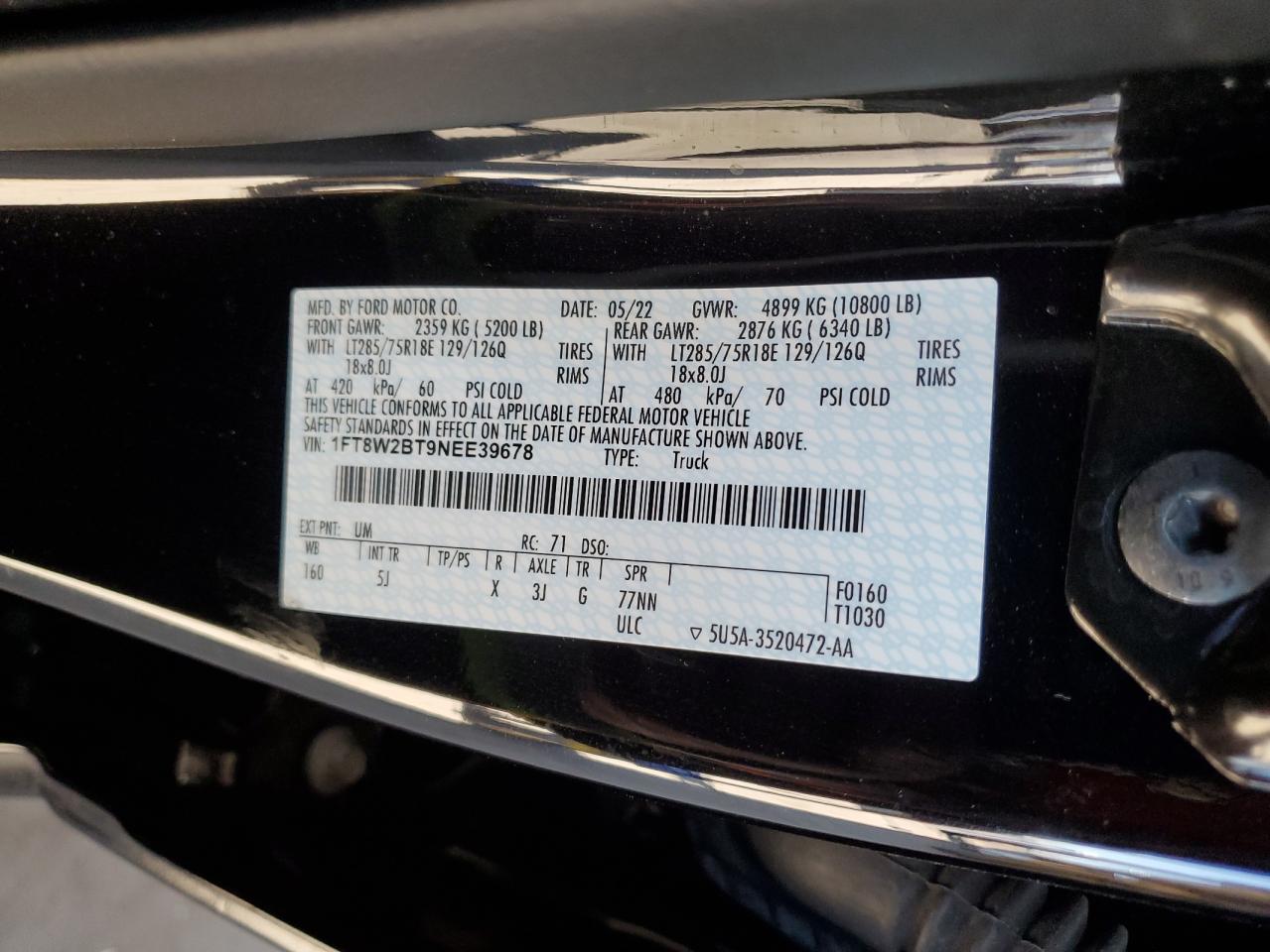 2022 FORD F250 SUPER DUTY VIN:1FT8W2BT9NEE39678