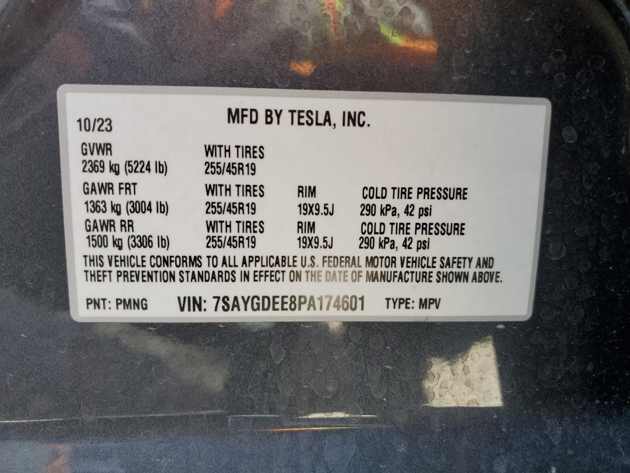 2023 TESLA MODEL Y VIN:7SAYGDEE8PA174601