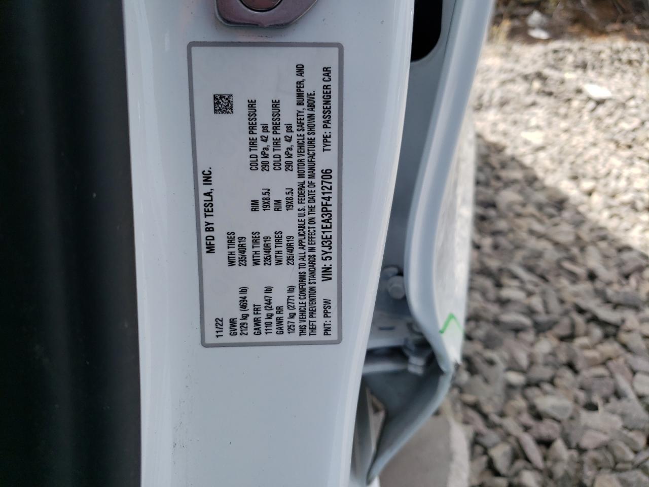 2023 TESLA MODEL 3 VIN:5YJ3E1EA3PF412706