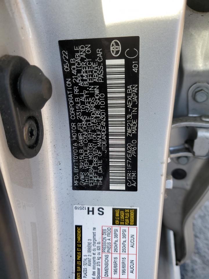 2022 TOYOTA COROLLA LE VIN:JTDEAMDE4N3011010