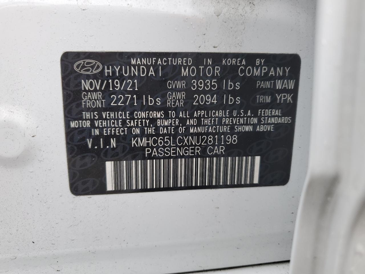 2022 HYUNDAI IONIQ BLUE VIN:KMHC65LCXNU281198