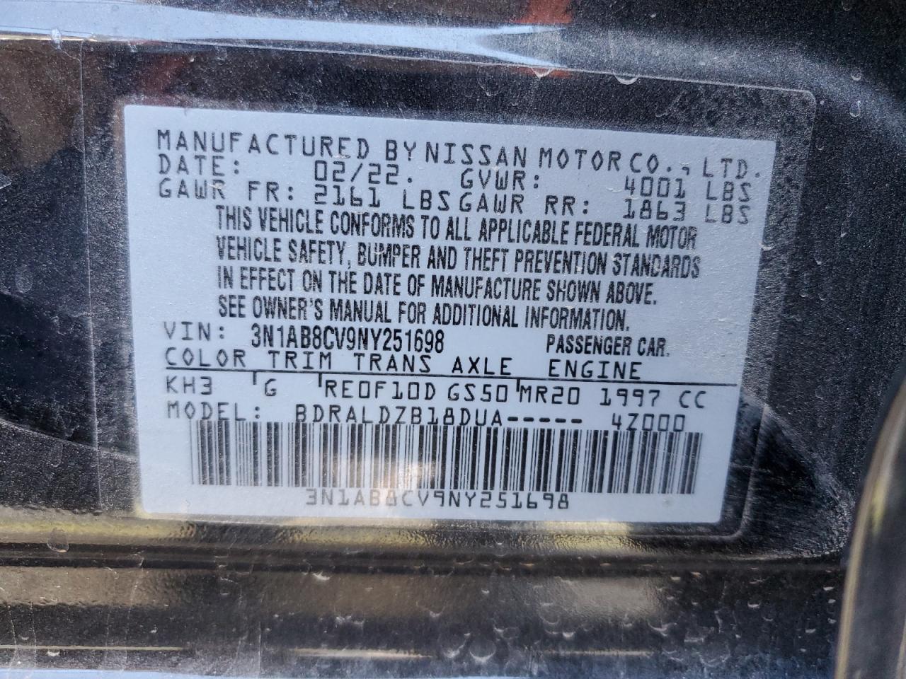 2022 NISSAN SENTRA SV VIN:3N1AB8CV9NY251698