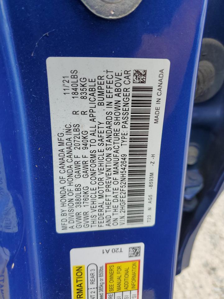 2022 HONDA CIVIC SPORT VIN:2HGFE2F52NH542649