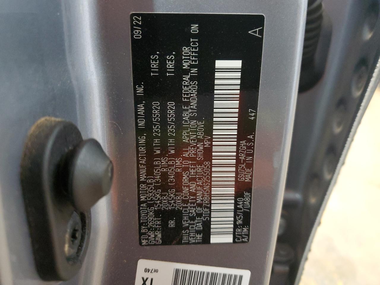 2022 TOYOTA HIGHLANDER PLATINUM VIN:5TDFZRBH5NS255058