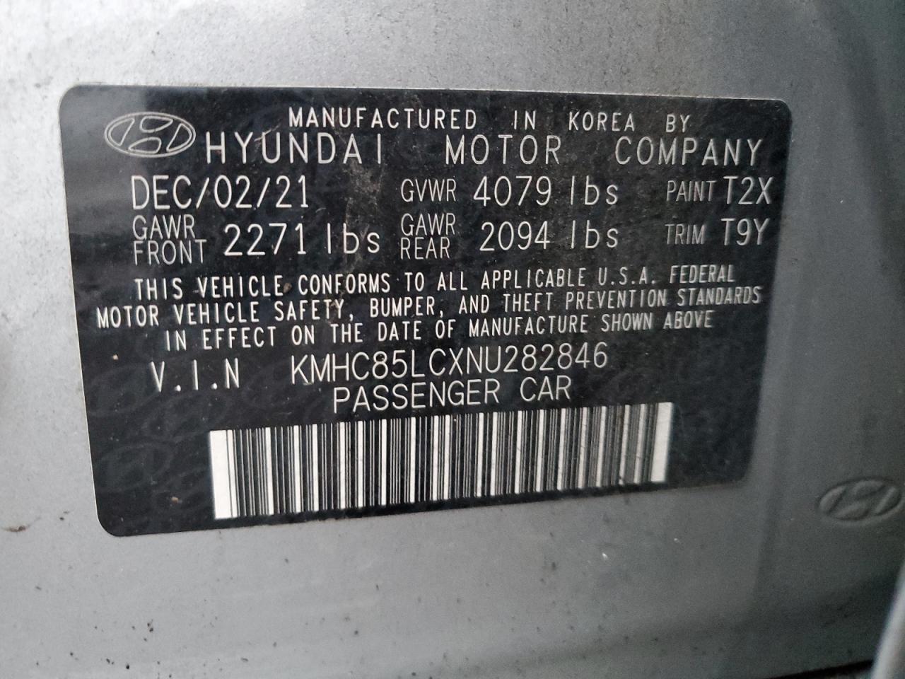 2022 HYUNDAI IONIQ SEL VIN:KMHC85LCXNU282846