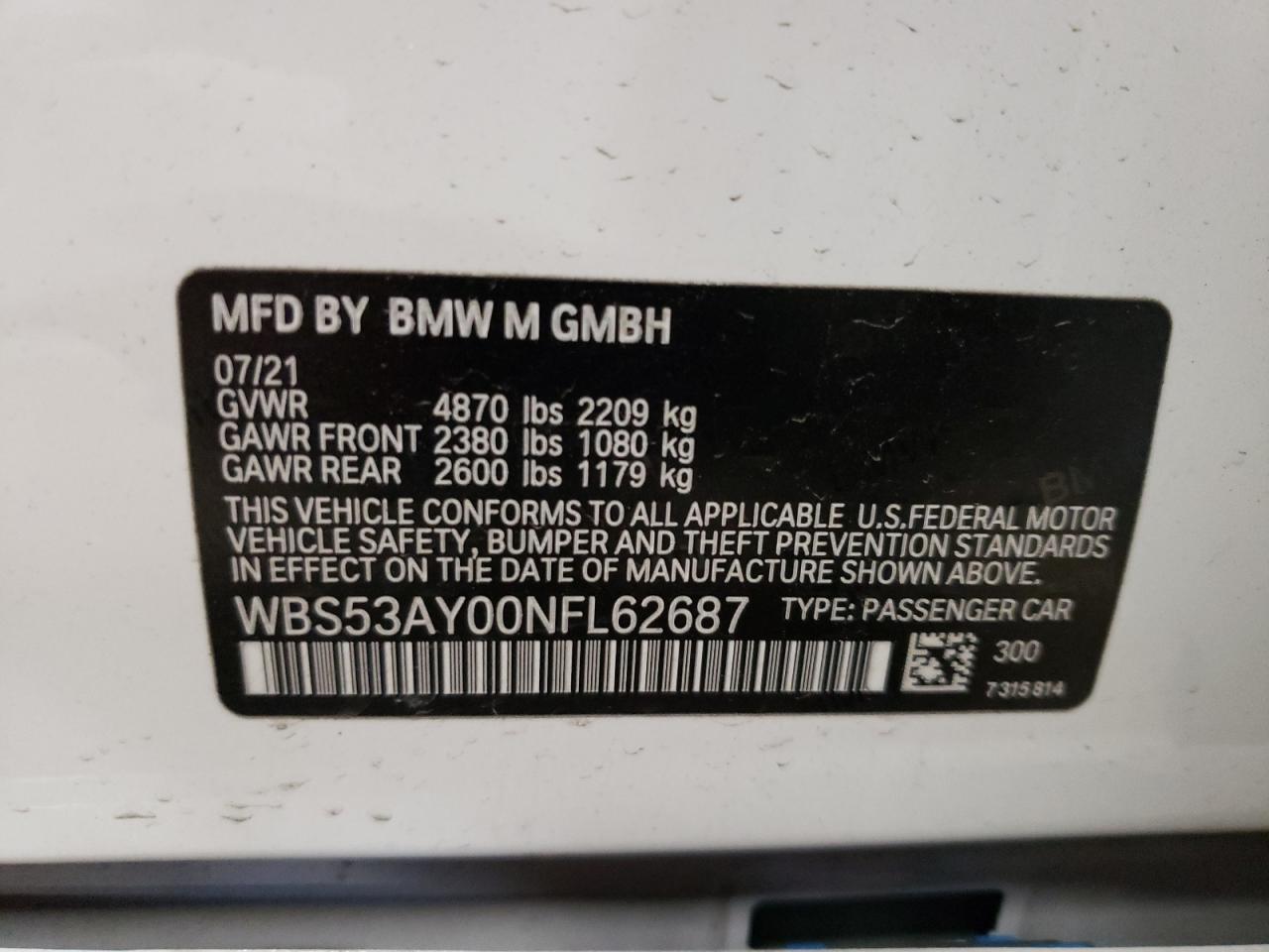 2022 BMW M3 VIN:WBS53AY00NFL62687