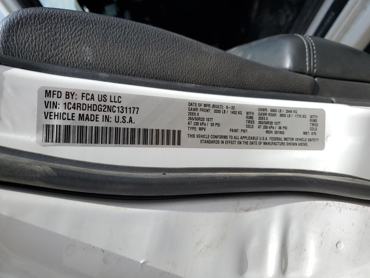 2022 DODGE DURANGO GT VIN:1C4RDHDG2NC131177