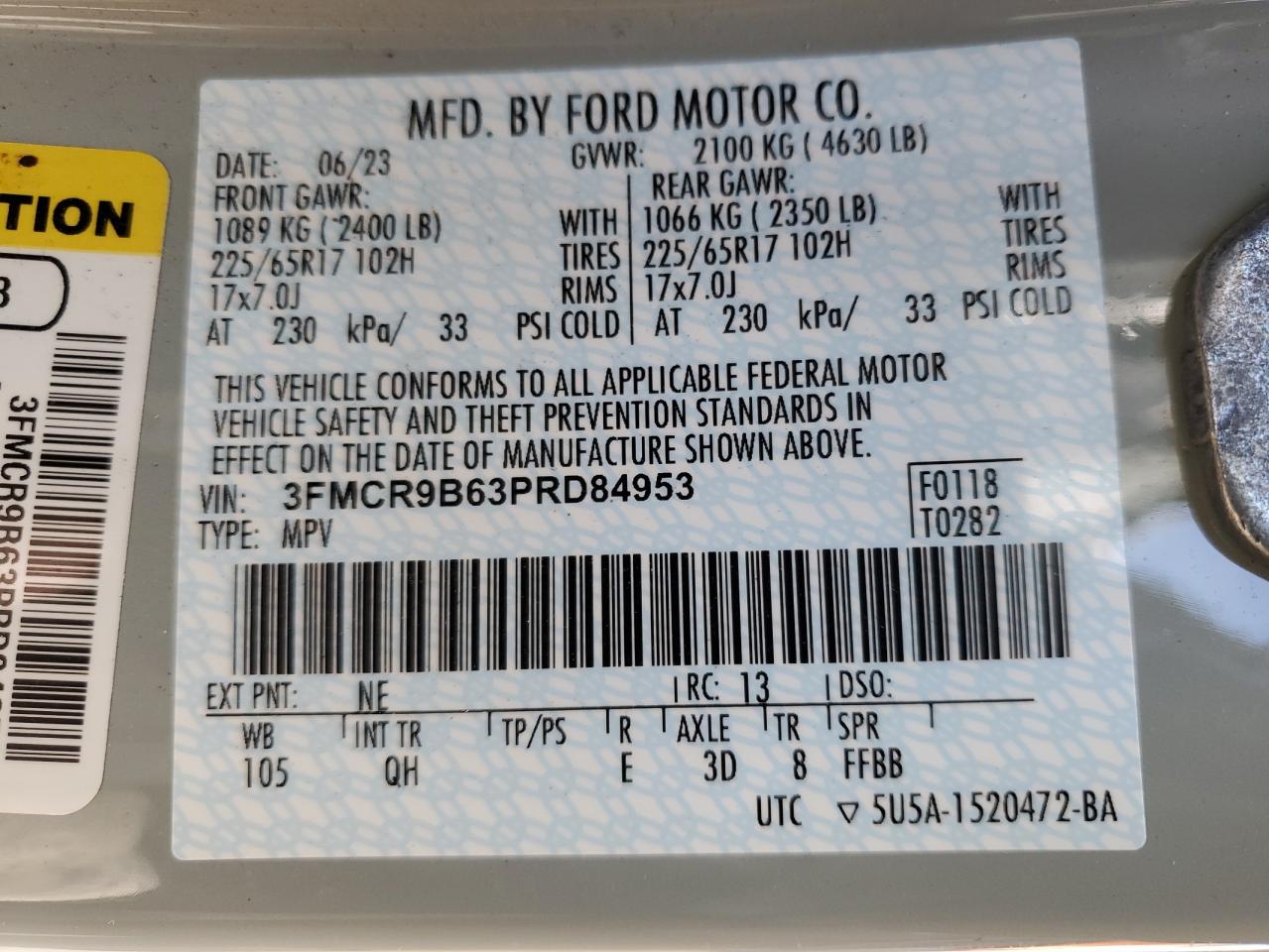 2023 FORD BRONCO SPORT BIG BEND VIN:3FMCR9B63PRD84953