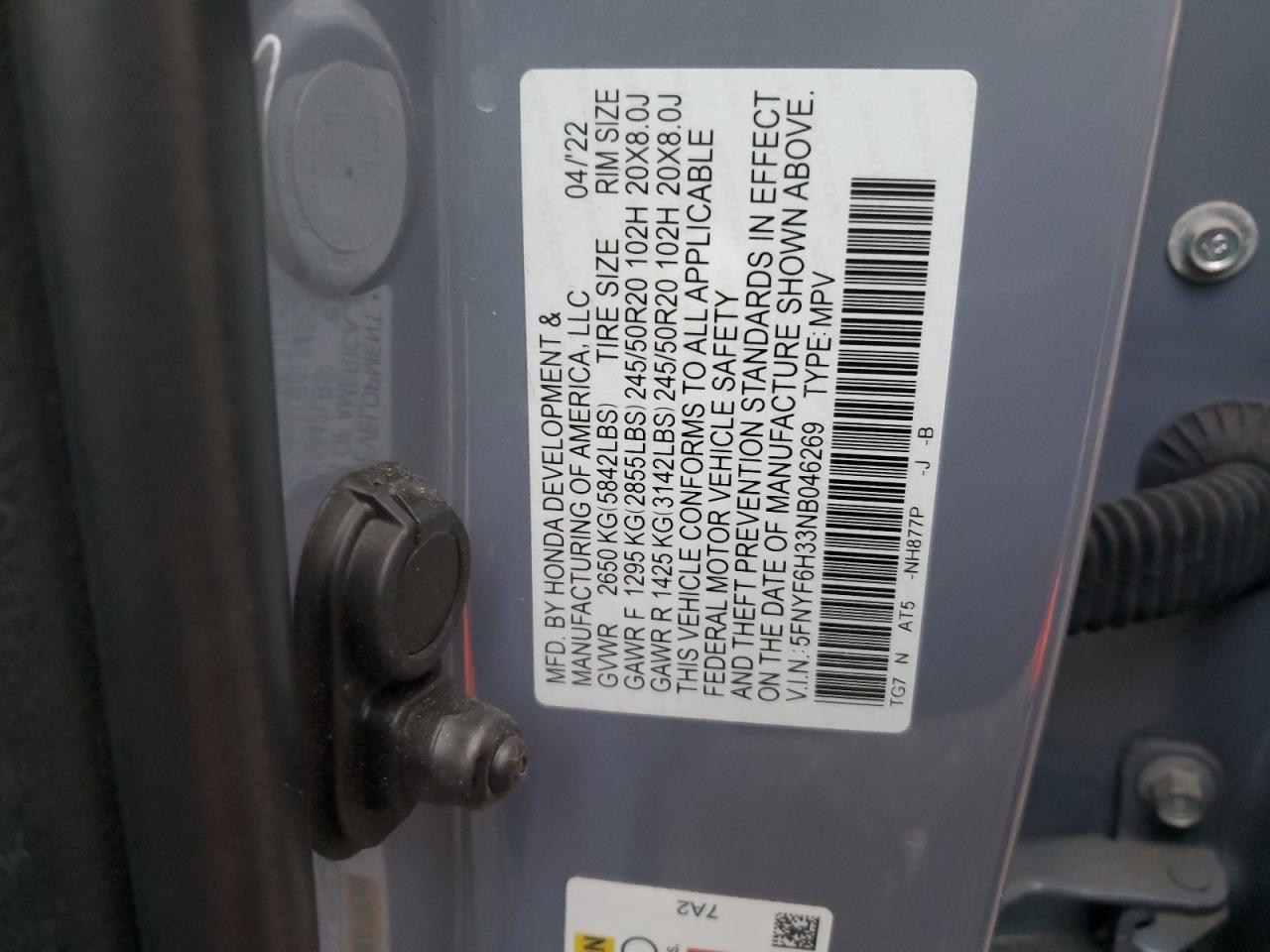2022 HONDA PILOT SPORT VIN:5FNYF6H33NB046269