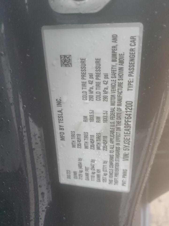 2023 TESLA MODEL 3 VIN:5YJ3E1EA9PF641200