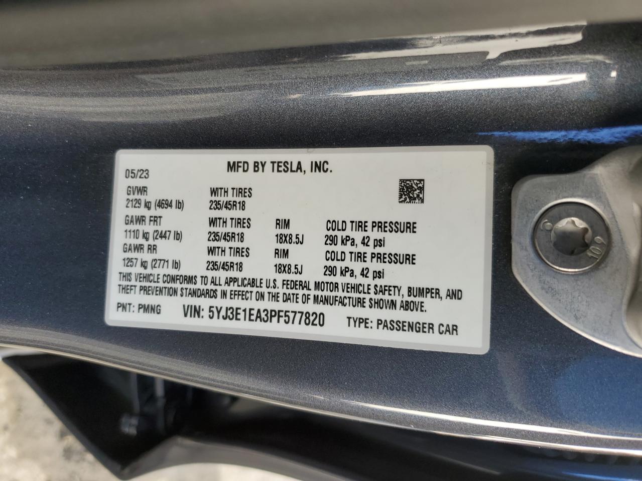 2023 TESLA MODEL 3 VIN:5YJ3E1EA3PF577820