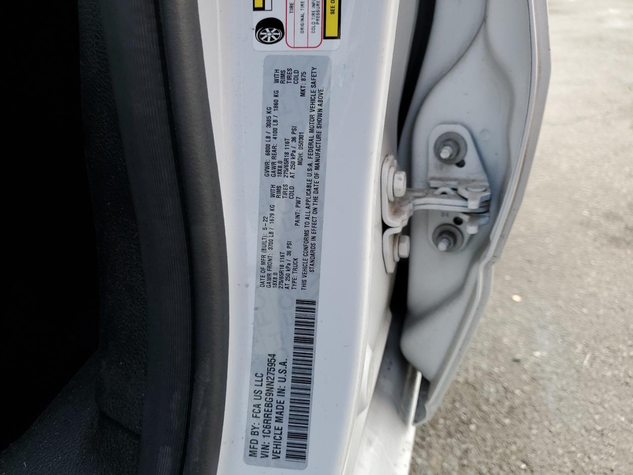 2022 RAM 1500 BIG HORN/LONE STAR VIN:1C6RREBG9NN275954