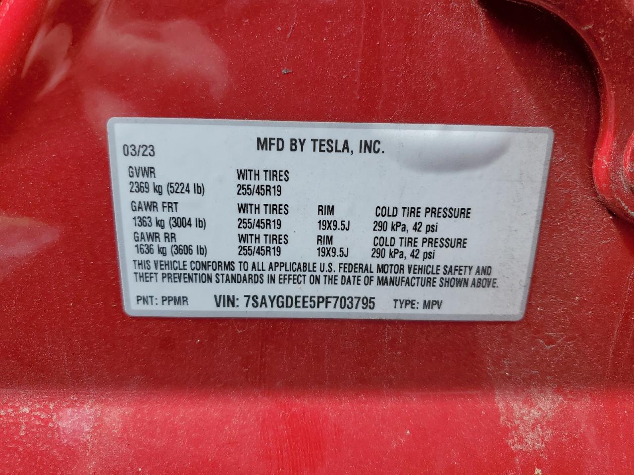 2023 TESLA MODEL Y VIN:7SAYGDEE5PF703795