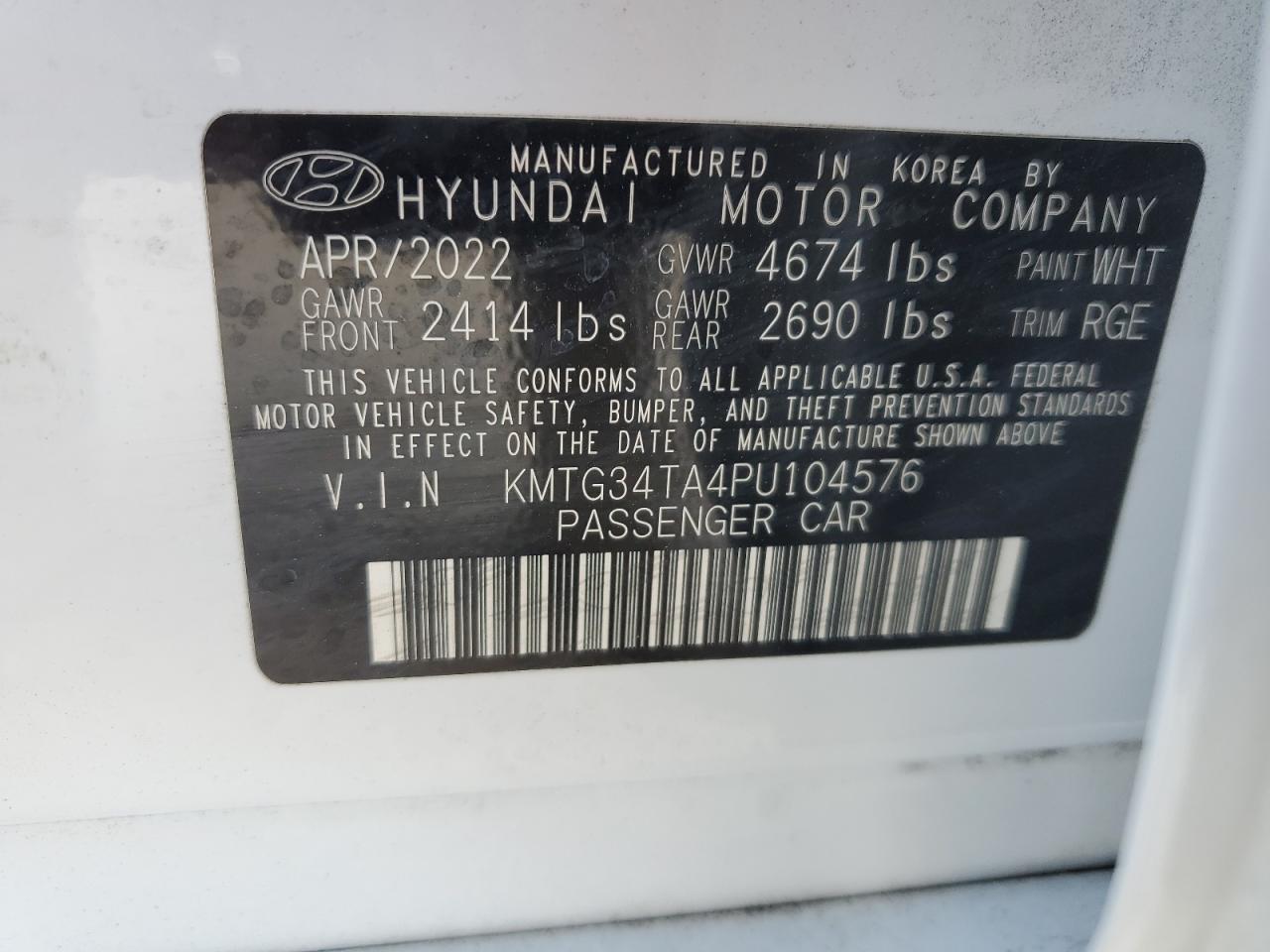 2023 GENESIS G70 BASE VIN:KMTG34TA4PU104576